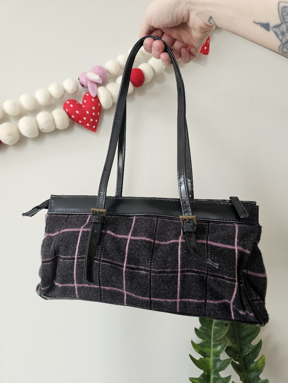 Y2K East West Black With Pink Check Fabric Legally Blonde‎ Academia Shoulder Bag